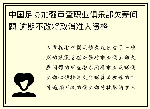 中国足协加强审查职业俱乐部欠薪问题 逾期不改将取消准入资格 中国足协加强审查职业俱乐部欠薪问题 逾期不改将取消准入资格