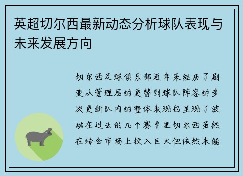 英超切尔西最新动态分析球队表现与未来发展方向